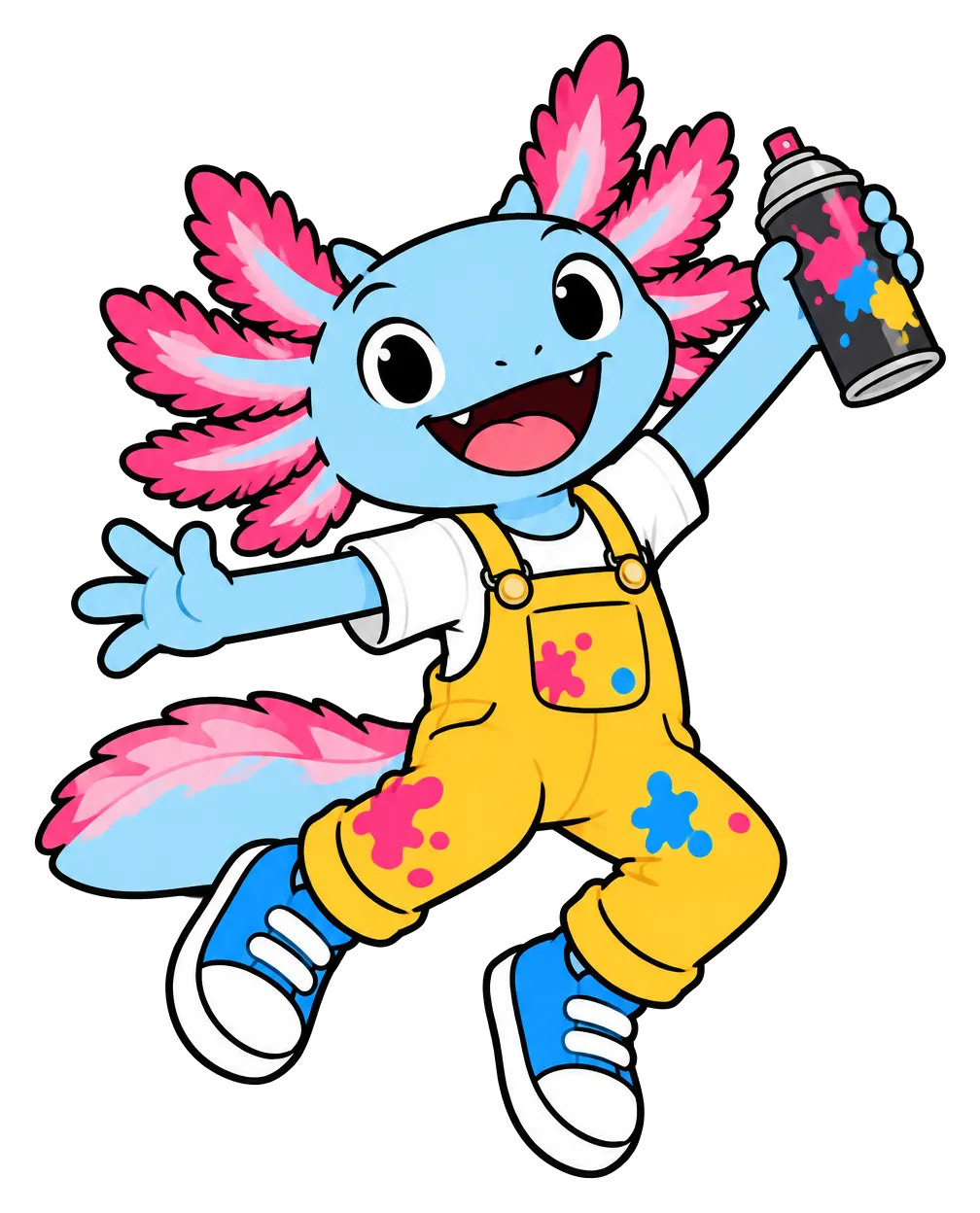 Axo, le petit axolotl bleu des Gogonitos, en salopette jaune, saute de joie avec sa bombe de peinture
