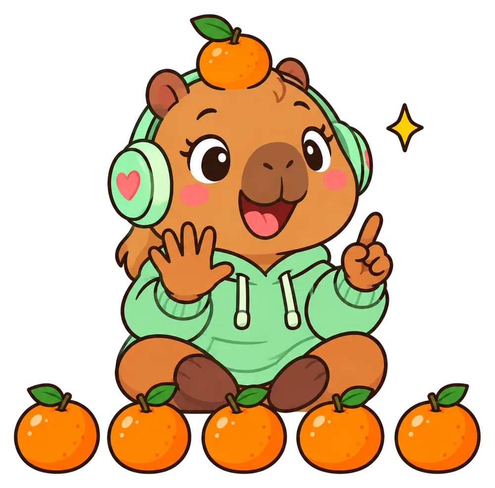 Capi le capybara compte sur ses doigts devant une rangée de mandarines