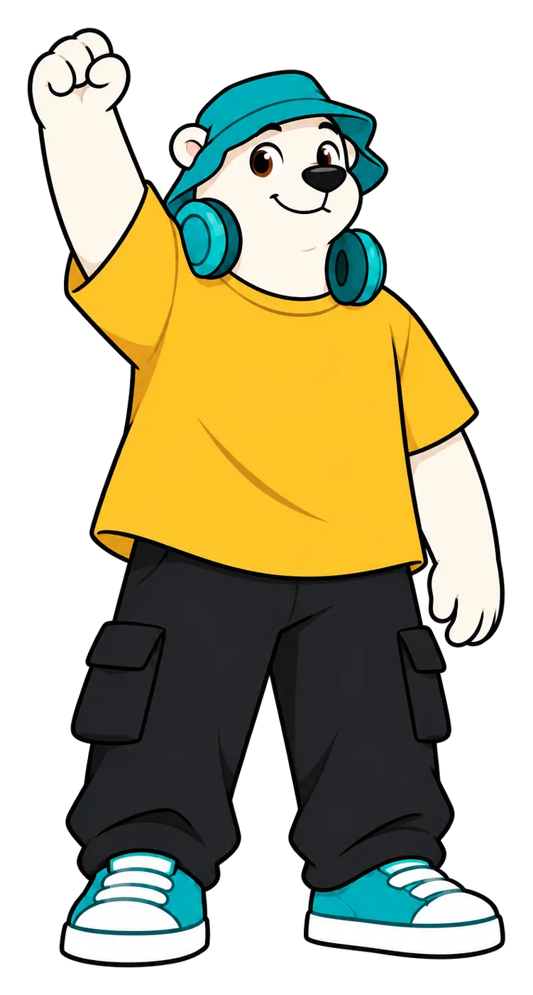 Iglou, l'ours polaire des Gogonitos, en t-shirt jaune et bob turquoise, écoute son casque de DJ