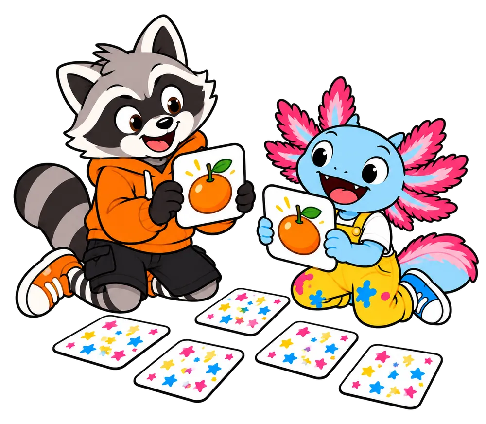 Rio et Axo retournent de grandes cartes de memory qui montrent deux mandarines