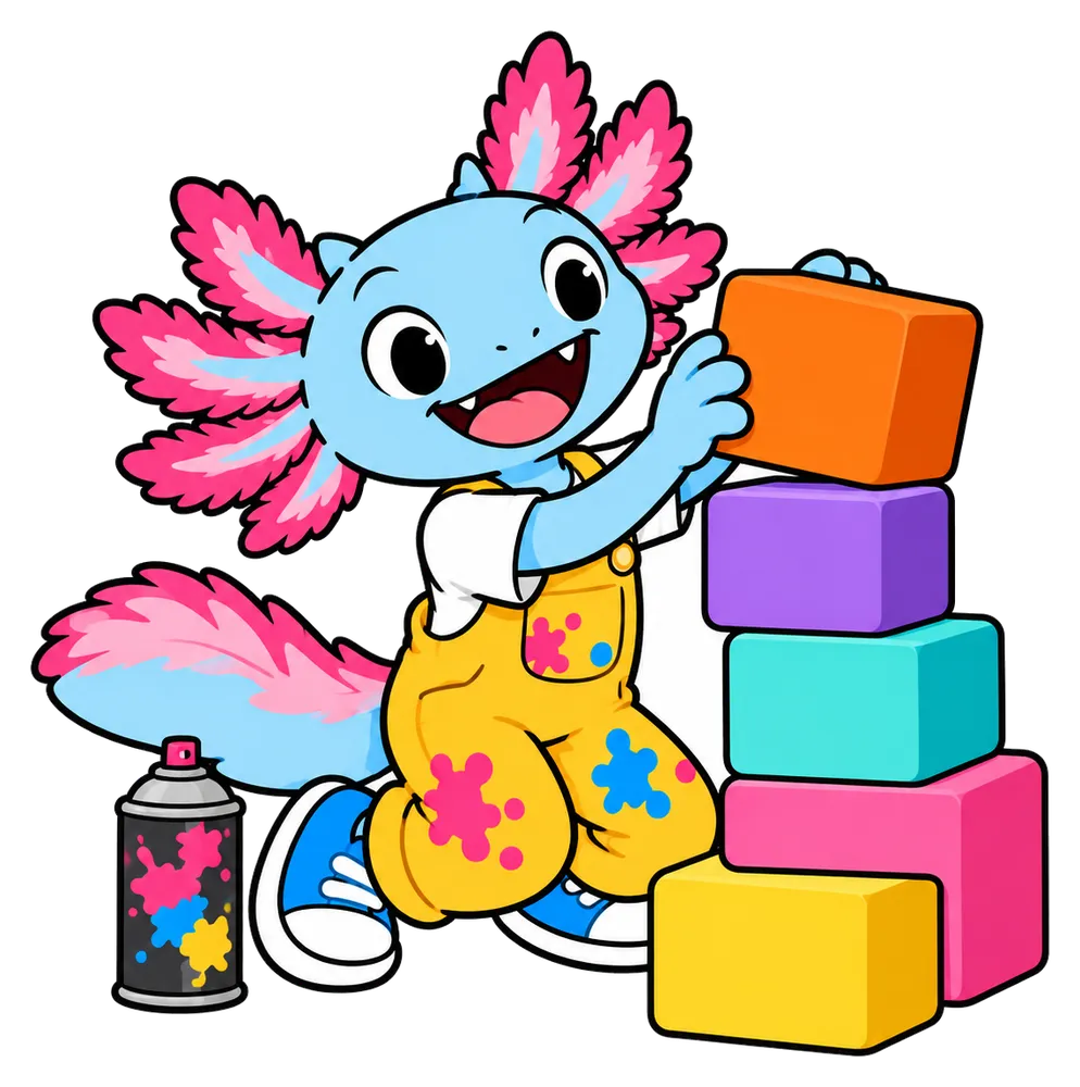 Axo l’axolotl empile de gros cubes de jeu colorés