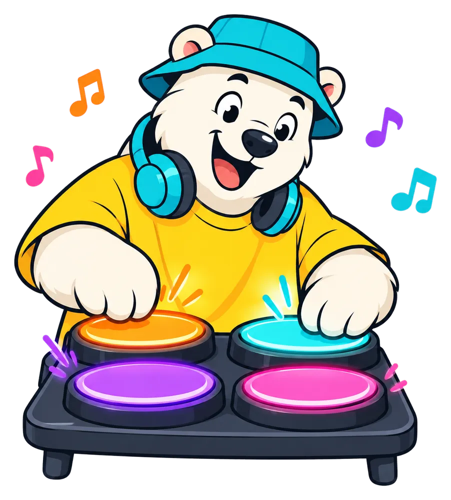 Iglou l’ours polaire joue sur quatre pads de batterie colorés