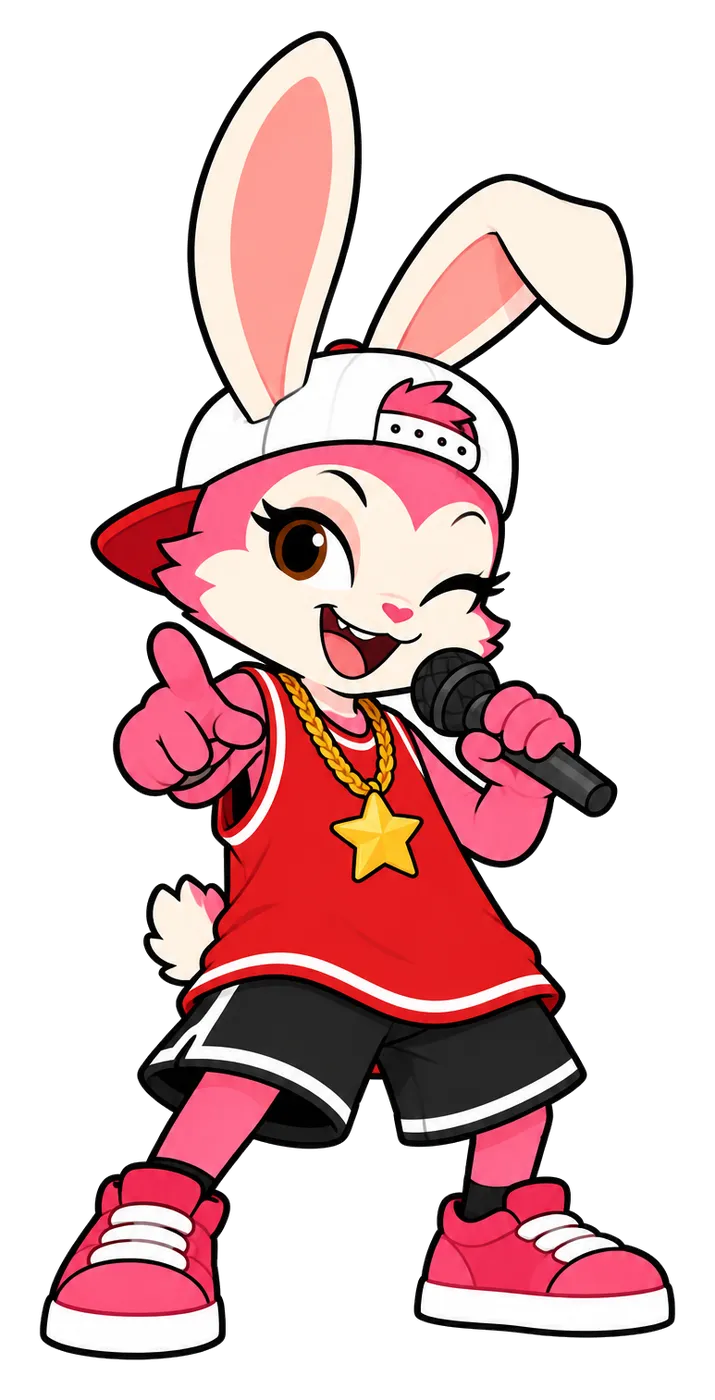 Zaza, la lapine rose des Gogonitos, en casquette blanche et maillot rouge, rappe au micro